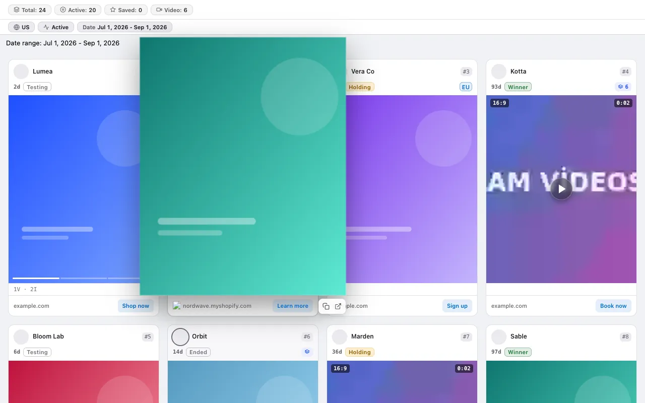 Hovering a card enlarges the creative and plays the video
