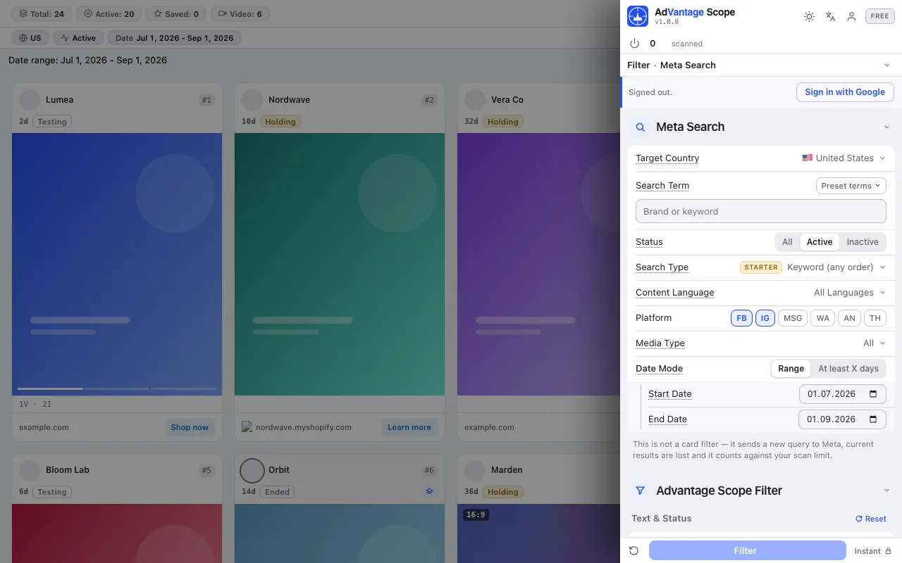 Meta search in the side panel: country, term, status, language, platform, media and date