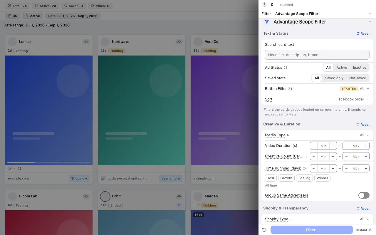 AdVantage Scope card filters in the side panel: status, button, media, duration, stage, advertiser, Shopify